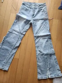 レトロ　ライトブルーリボン付きブーツカットデニム フレア Mサイズ　SHEIN