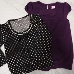 紫ワンピース(チュニック)と長袖カーディガンのセット 110　リボン