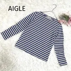 エーグル 長袖カットソー【S】ボーダー柄 ネイビー×白 ロゴ刺繍 春夏 シンプル