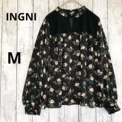 【INGNI】イング　バンドカラー花柄長袖ブラウスシャツ　 黒Mデコルテ透け感のサムネイル