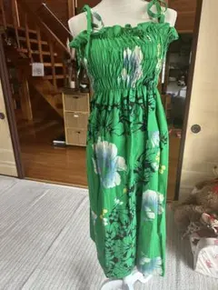 花柄 緑色 マキシドレス 調整可能ストラップ浴衣リメイク
