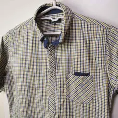 古着●ビームスハート 半袖シャツ ネイビー&イエローチェック M