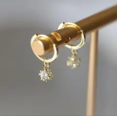 PS2 S925 一粒ダイア　ピアス　ゴールド　揺れる　フープ　K18コート