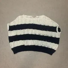 レース編み 一分丈袖ニット M ホワイト ネイビー