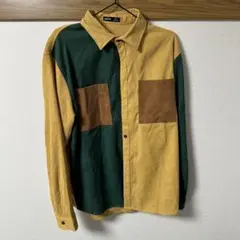 薄めのコーデュロイ長袖シャツ 緑 黄 茶色