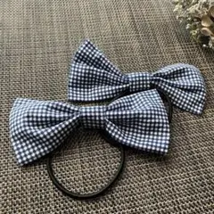 リボン　お揃い　おしゃれ　ヘアゴム　ヘアアクセ　チェック柄　ブルー　青　発表会