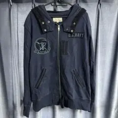 【希少2XL】AVIREX U.S.NAVY ワッペン ジップパーカー ネイビー