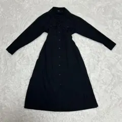 美品 ユニクロ レーヨンロングシャツワンピース 黒 S ウエストリボン ポケット