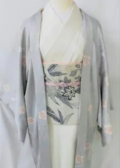 新品未使用 正絹 長羽織 桜文様 淡グレー 裄70 上質紋意匠