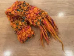 【手編み】オレンジ系フリンジ付きマフラー