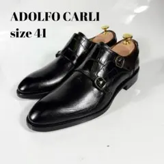 【未使用級】アドルフォカーリ　ダブルモンクシューズ（41）クロコ型押し　革靴　黒のサムネイル