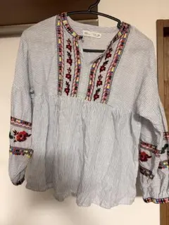 ZARA ストライプ柄 花刺繍 長袖シャツ 160cm