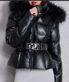 GYDA GDベルト付きフェイクレザーショートダウンコート