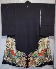 最終 黒留袖 袋帯 末広 帯締め 5点 フルセット 駒刺繍 菱天井花文 結婚