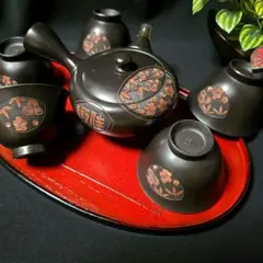 常滑焼　茶器揃　松竹梅文　急須　湯呑　5客のサムネイル