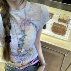 SHEIN アメリカンタイダイグラフィティプリントラグランスリーブTシャツ