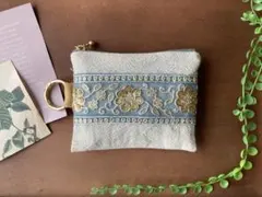 ポケットティッシュポーチ【水×ゴールド】 インド刺繍リボン 小物入れ