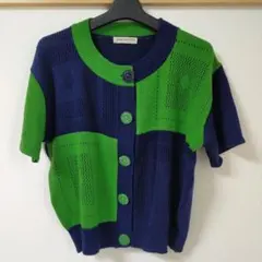 レトロ ネイビー/グリーン 半袖ニットカーディガン ヴィンテージ　日本製　L