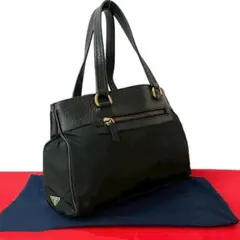 極 美品 袋付 プラダ 三角ロゴ レザー ナイロン ハンドバッグ ブラック