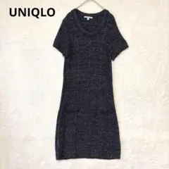 ユニクロ／ニットワンピース L 半袖 ひざ下丈 綿混 ブラック レディース 黒