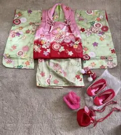 ポンポネット 七五三 3歳 女の子 セット着物.被布.巾着 髪飾 草履