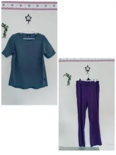 グレーTシャツと紫パンツのセット