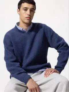 UNIQLO 3DスフレヤーンVネックニット ブルー Mサイズ