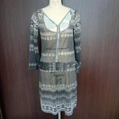 ボヘミアン　スタイル　長袖　ワンピース　グレー　　透ける　ｖネック　腰紐　М