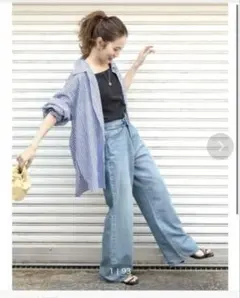 Ungrid 青と白のストライプ長袖シャツ