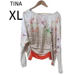 TINA 花柄 ゆったり長袖トップス XL ホワイト×オレンジ