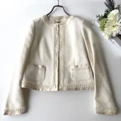 【極美品】ハロッズ ノーカラージャケット ツイード 2 パール 刺繍