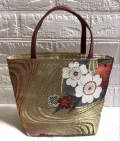 帯リメイク　トートバッグ　花と蝶柄