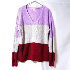 Style & Co. Vネック カラーブロック ケーブルニットセーター L