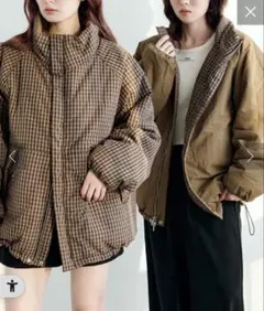 Kastane リバーシブル ブラック&グリーンチェック フルジップ ダウン