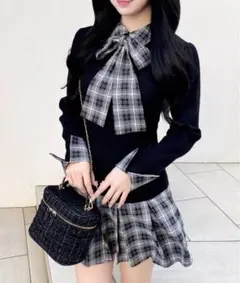 INGNI チェック柄ボウタイシャツドッキングニットワンピース