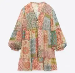 ZARA パッチワーク　マルチカラー 長袖シャツ　ブラウスチュニック