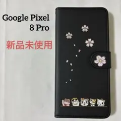 Google Pixel 8 Pro 用 手帳型ケース 猫 桜 ブラック 新品のサムネイル