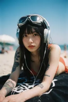 真夏のビーチ、音楽とクールな視線｜AIフォトポスター A4｜MRC-0706