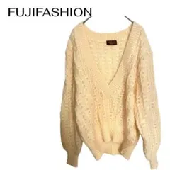 FUJIFASHION 長袖ローゲージ　Vネックニットセーター　ウール毛