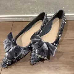 【訳あり特価】RANDA ベロアリボンフラットシューズ グレー 24.5cm