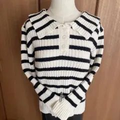 アイボリー ブラック ストライプ 襟付きニット