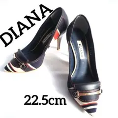 美品　DIANA ネイビー ストライプ ハイヒール ポインテッドトゥ22.5cm