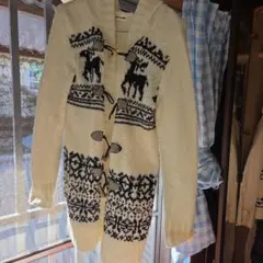 フード付きロングカーディガン 鹿柄 アイボリー