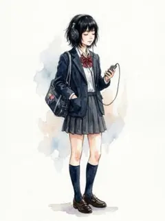 c1211_水彩画風 女子生徒の佇まい ヘッドホンとスマホ 手描き風イラスト ア
