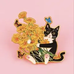 猫×花×蝶々 缶バッジ ブローチ 可愛い 黒白猫 フラワー ハチワレ猫