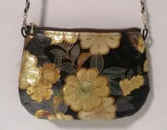 黒・花柄 着物袋帯 和風 ミニショルダーバッグポーチ リメイク