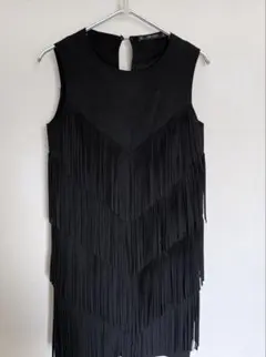 【ZARA BASIC】 ブラックフリンジノースリーブドレス Mサイズ