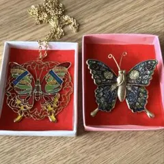 【ビンテージ】蝶デザインのブローチとネックレス2点セット　アンティーク　レトロ
