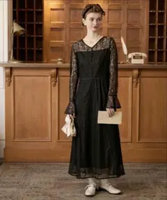 BONLECILL noir／サテンパイピング フラワーチェック柄総レースドレス