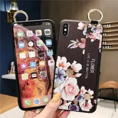オシャレ✨ iPhone13ProMAXケース ハンディベルト付き花柄 黒色